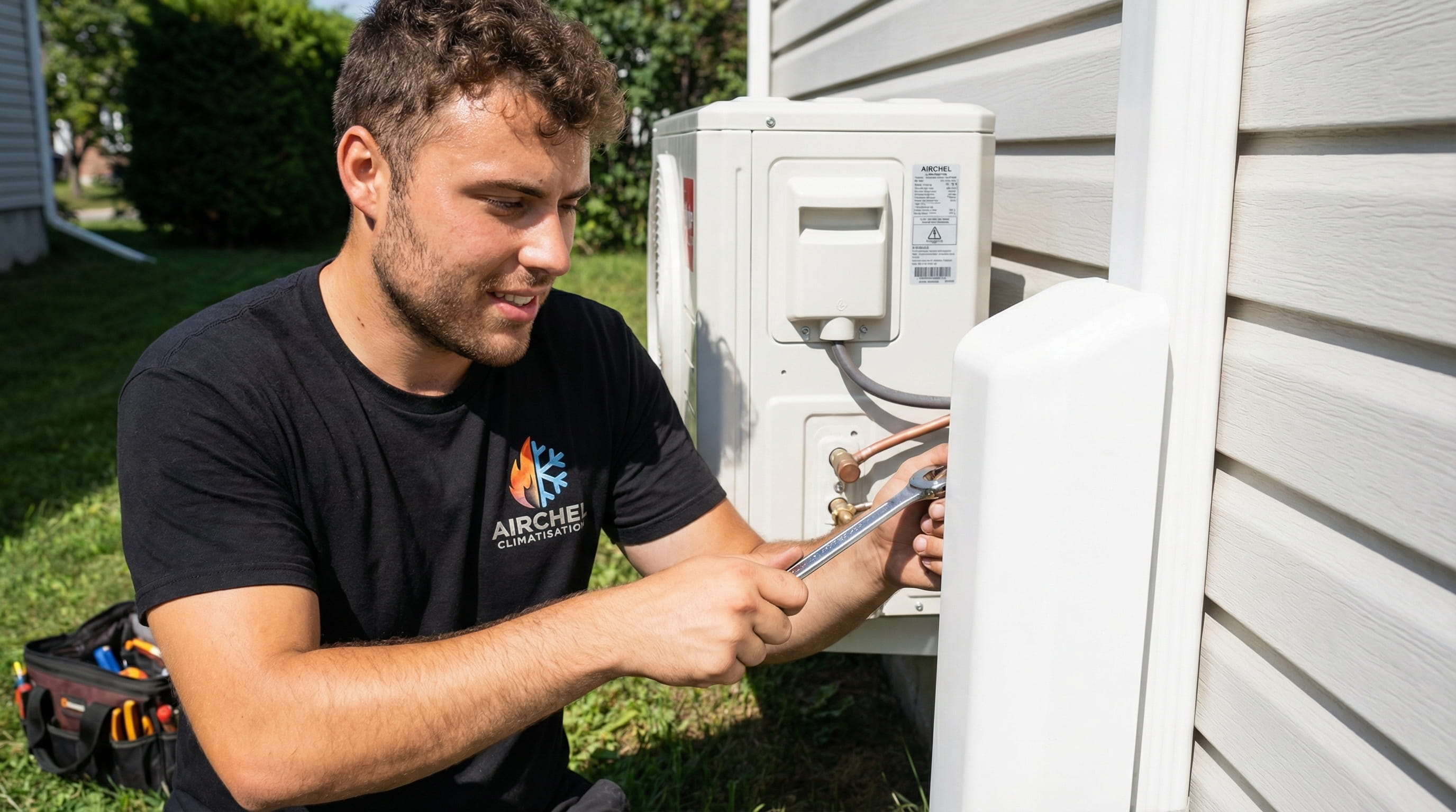 Technicien en climatisation réparant une unité extérieure de climatisation avec une clé à molette.