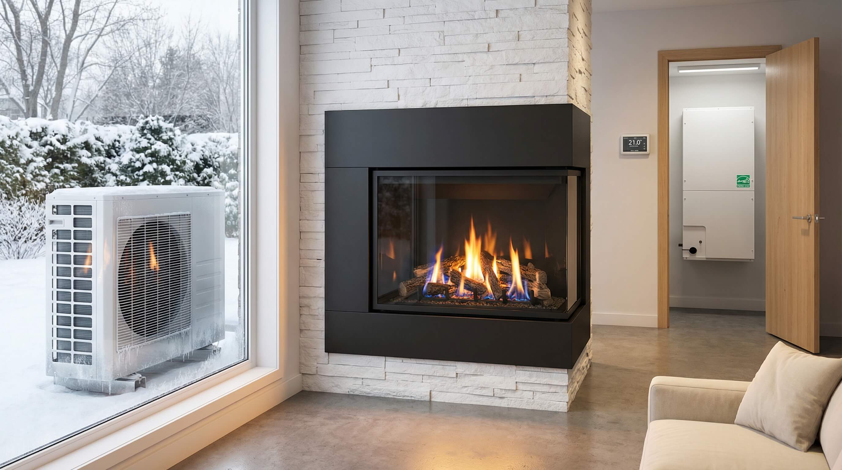 Cheminée moderne encastrée avec flammes visibles dans un salon contemporain, à côté d'une grande fenêtre montrant une unité extérieure de pompe à chaleur dans la neige.
