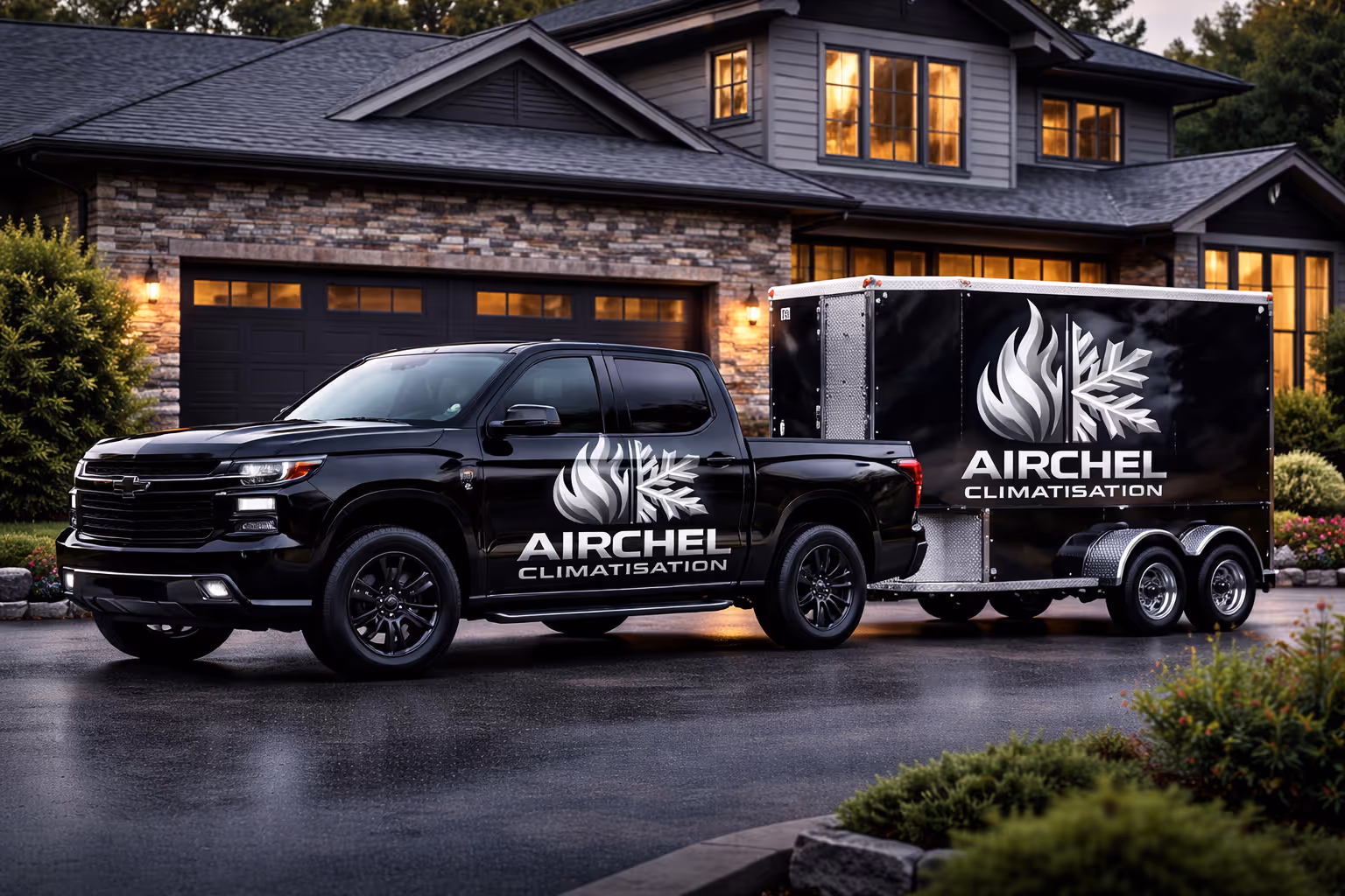 Fourgonnette grise avec le logo d’AIRCHÊL Climatisation montrant un feu et un flocon de neige, stationnée dans une allée résidentielle.