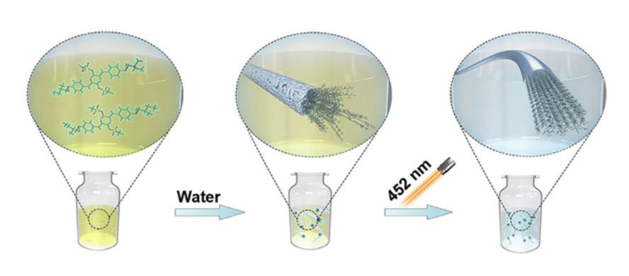 Illustration of the formation of crystalline polymer fibers via antisolvent-driven self-assembly and subsequent polymerization in aggregates.