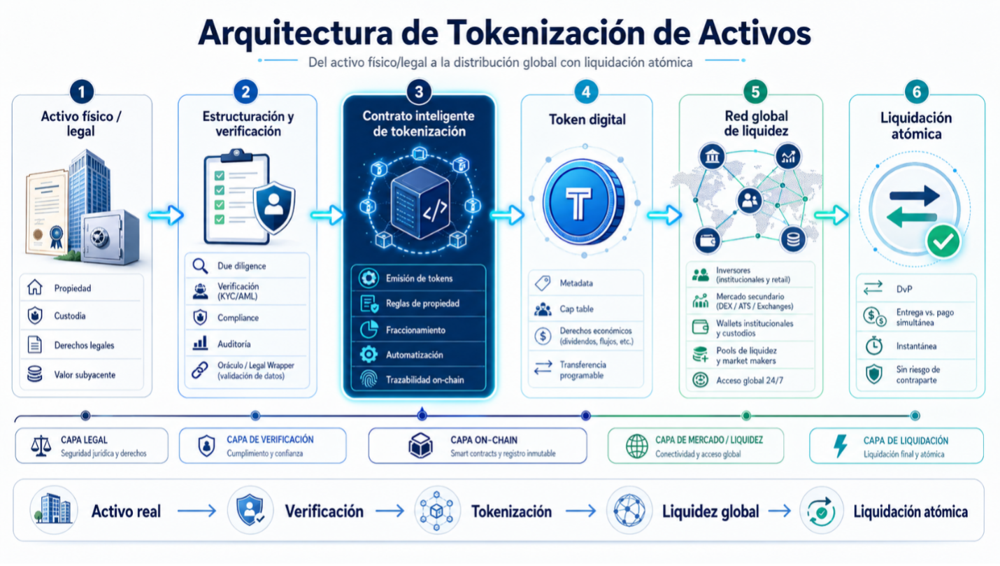 Las seis capas de la arquitectura de tokenización, del activo físico a la liquidación atómica.