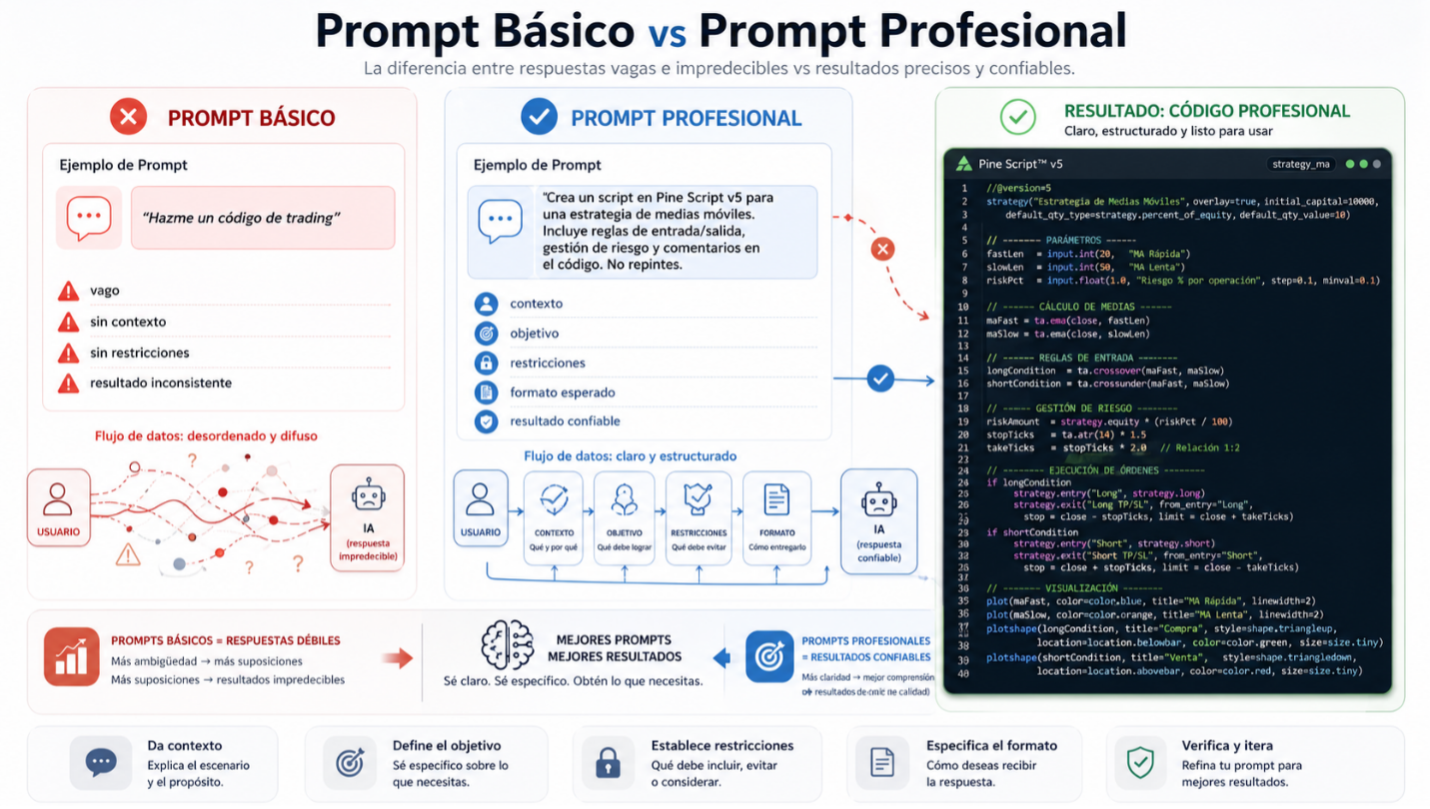 Comparativo visual entre un prompt básico y un prompt profesional para generar código de trading en Pine Script v5, mostrando los cinco elementos de un prompt estructurado: contexto, objetivo, restricciones, formato y verificación.