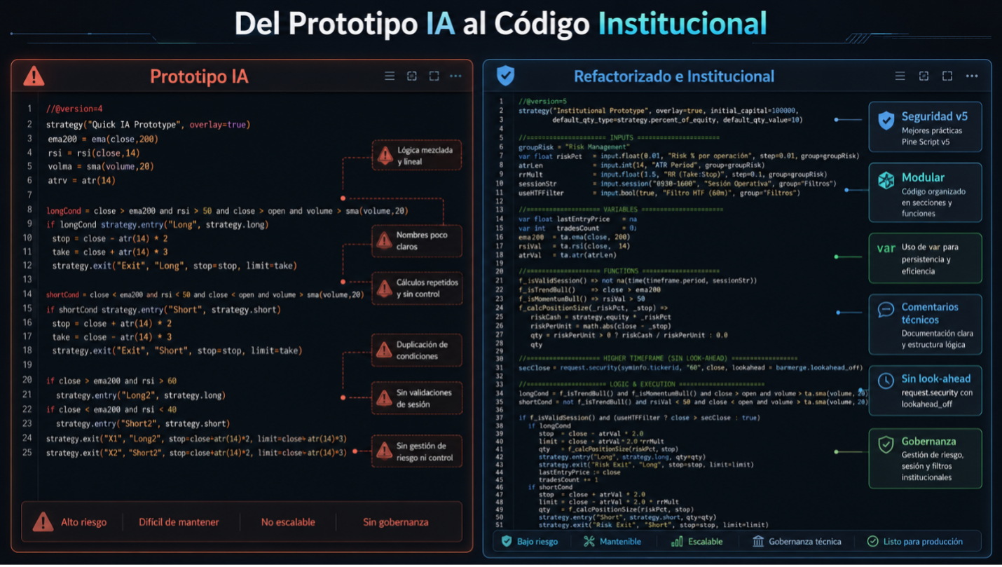 Del prototipo IA al código institucional: comparación de un bot de trading en Pine Script antes y después de refactorizar a estándares profesionales