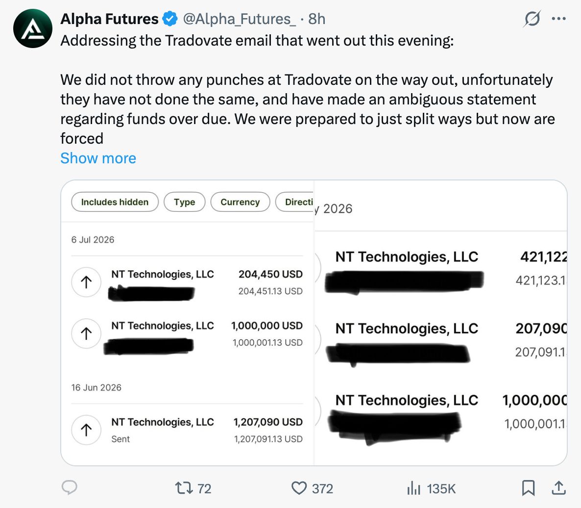 Capturas de transferencias de Alpha Futures a NT Technologies publicadas en X.
