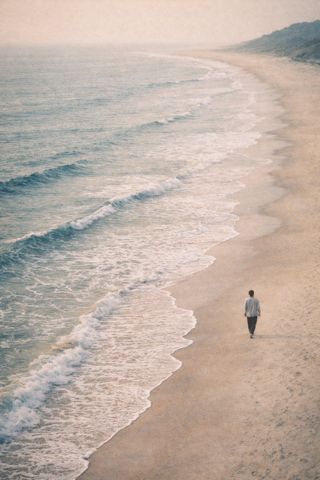A person walking alone on a wide, empty beach next to gentle ocean waves.