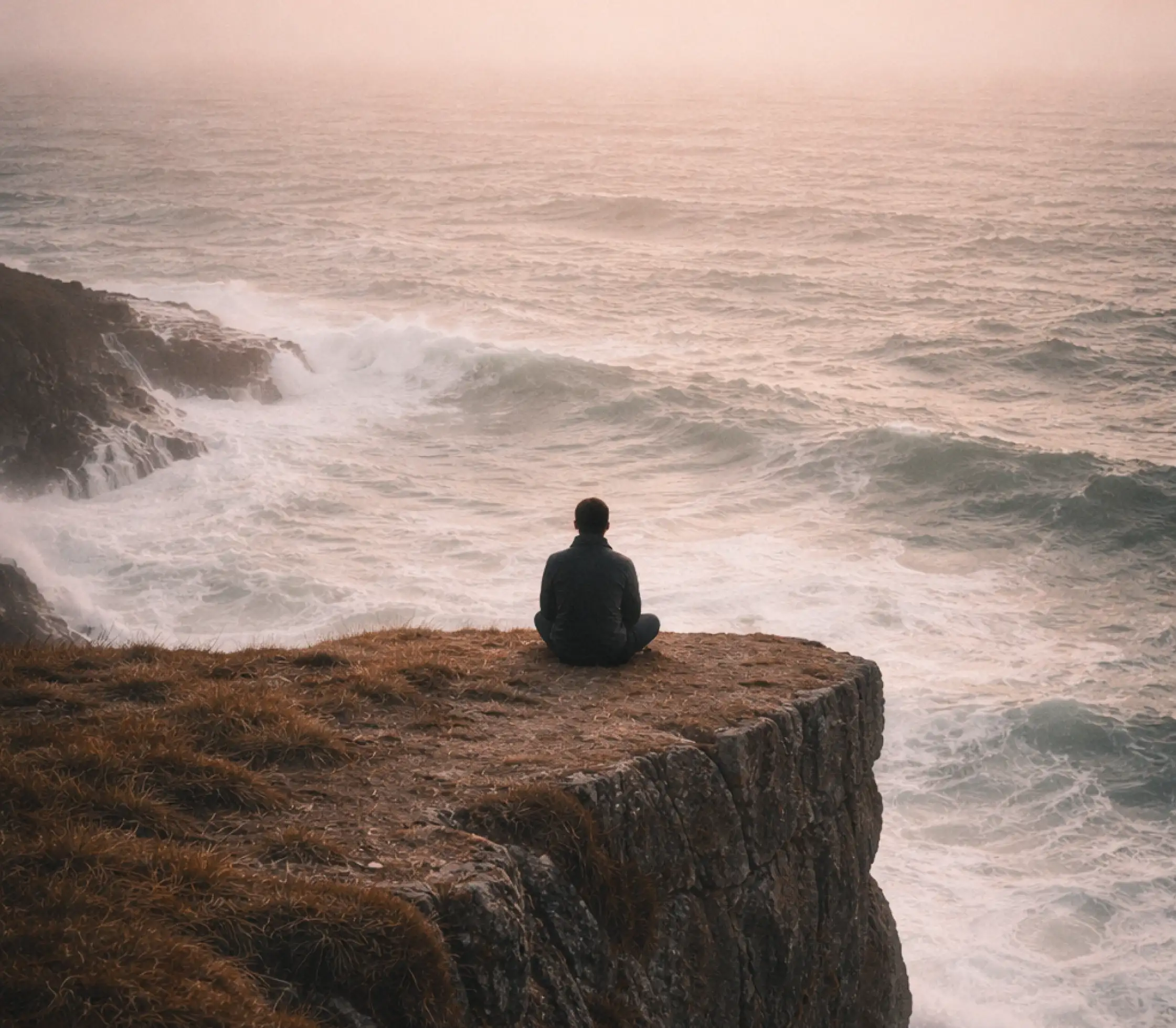 A lone hiker walking through a maze made of thick clouds under a soft sunrise sky.