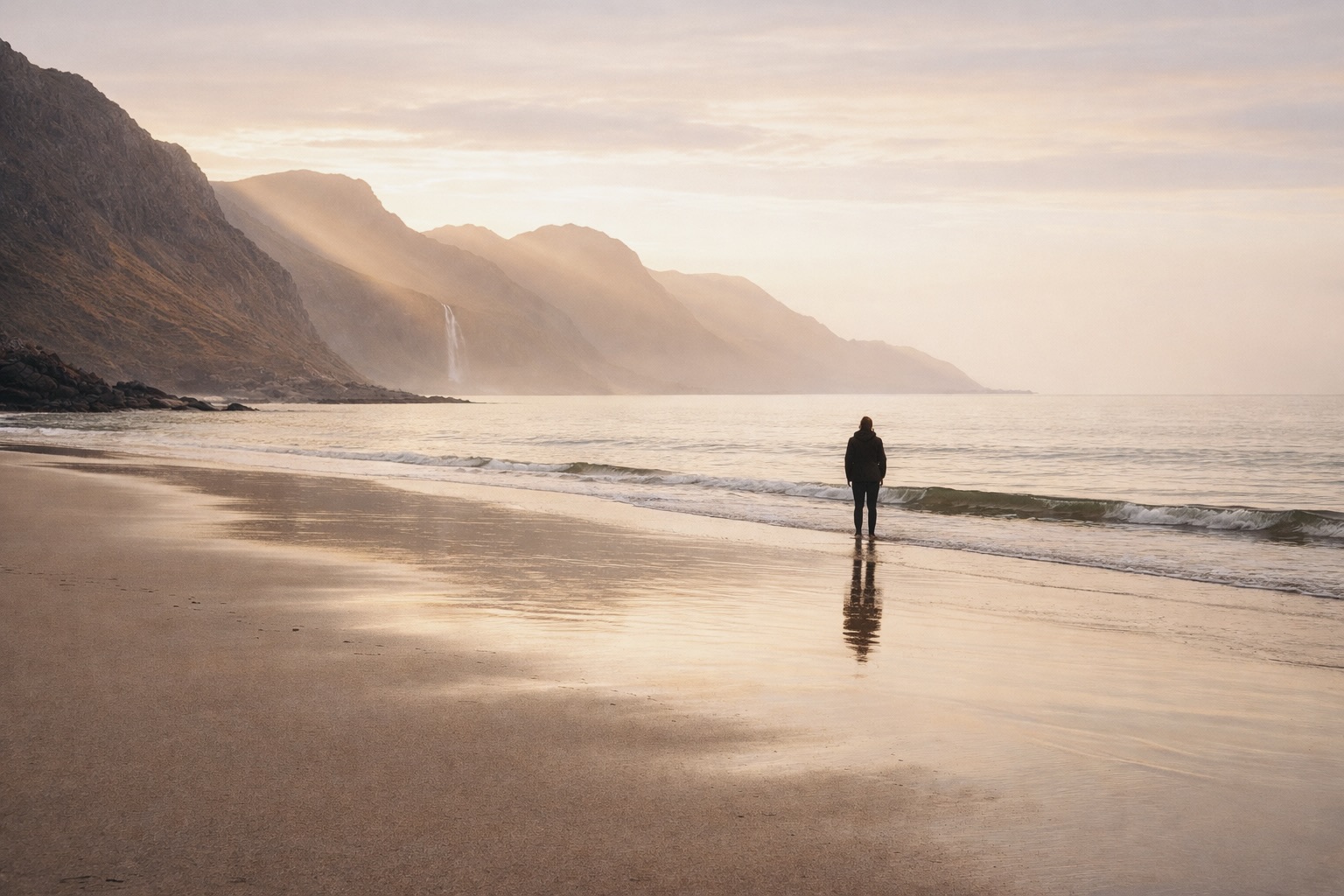 Man sitting at a desk with two computers on rocks surrounded by calm sea water during sunset.