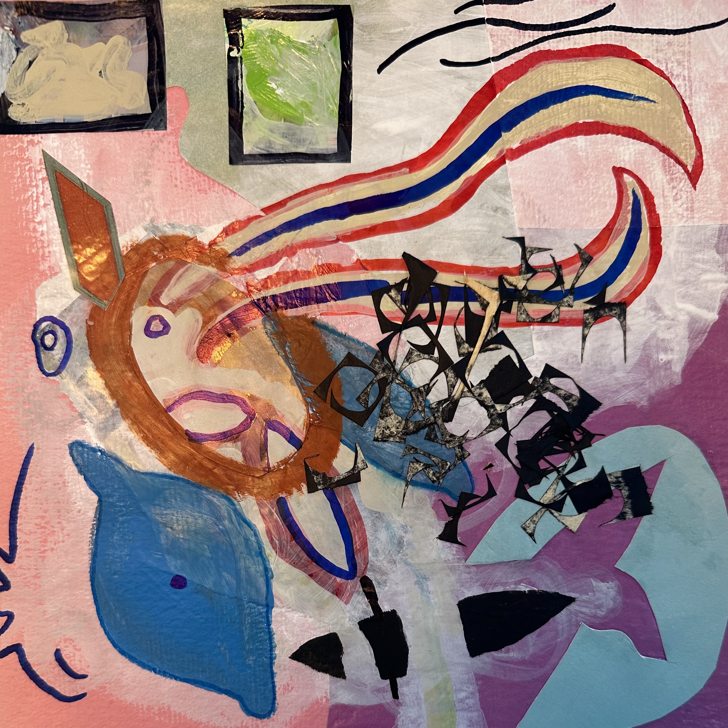 Abstract painting with swirls of red, blue, and beige, accented by black geometric shapes and organic forms on a pink and purple background.