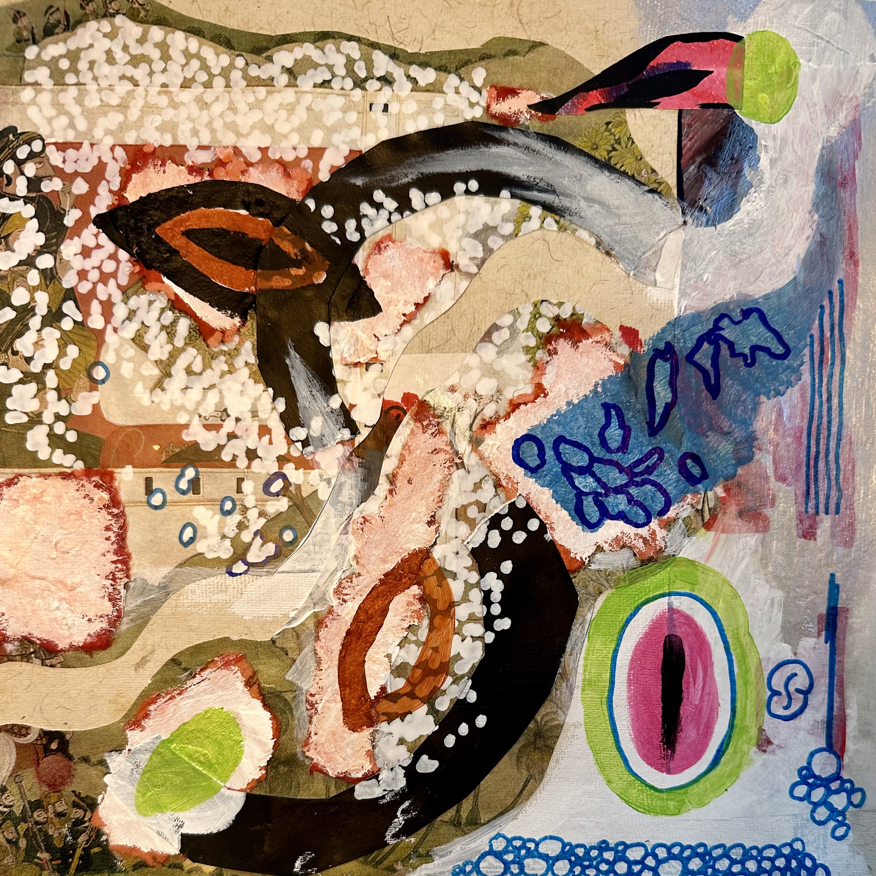Abstract mixed-media artwork with organic shapes, white dots, bright green and pink accents, and blue line drawings.