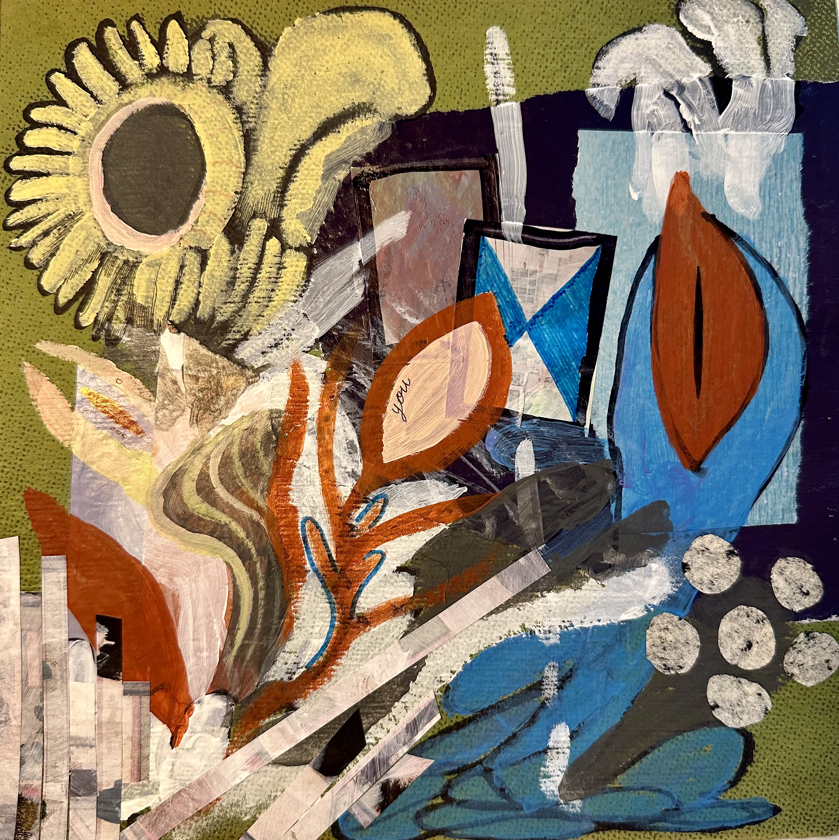 Abstract mixed-media artwork featuring a large yellow sunflower, geometric shapes, and organic forms in earthy tones with blue and orange accents.