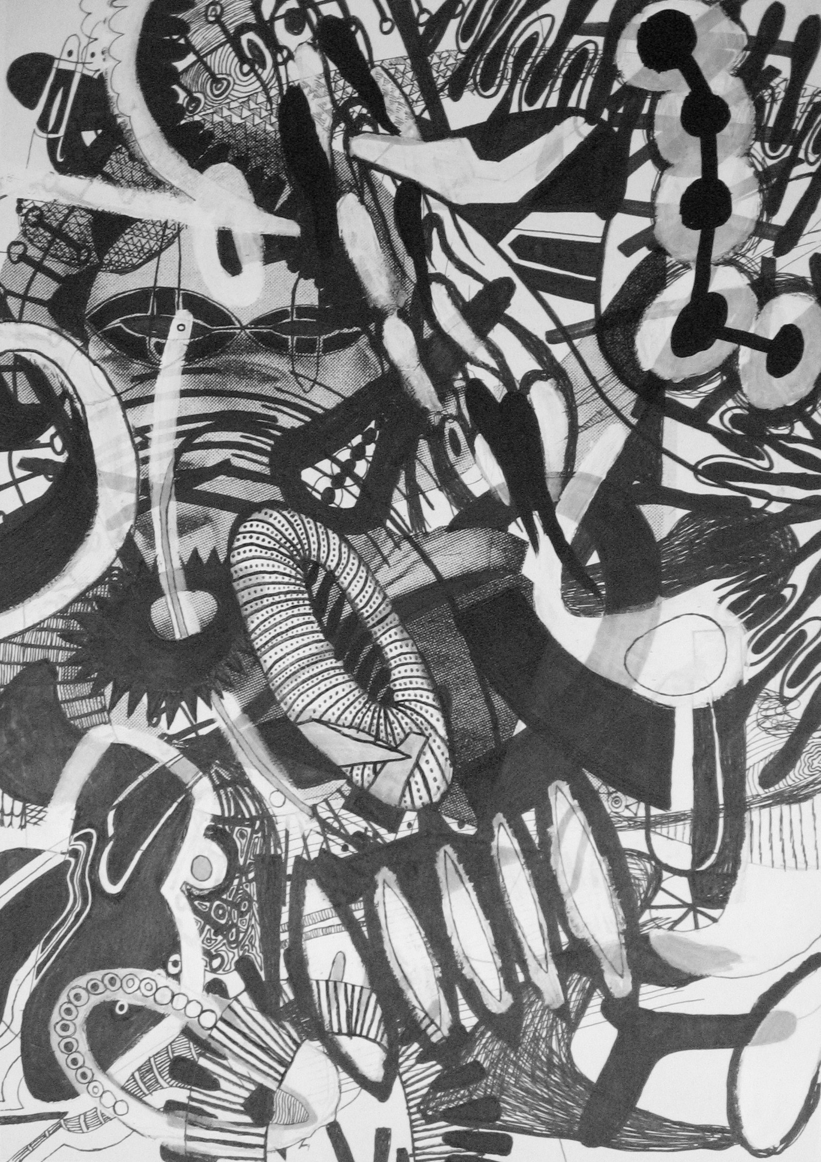 Black and white abstract artwork with various geometric shapes, lines, and patterns intertwined.
