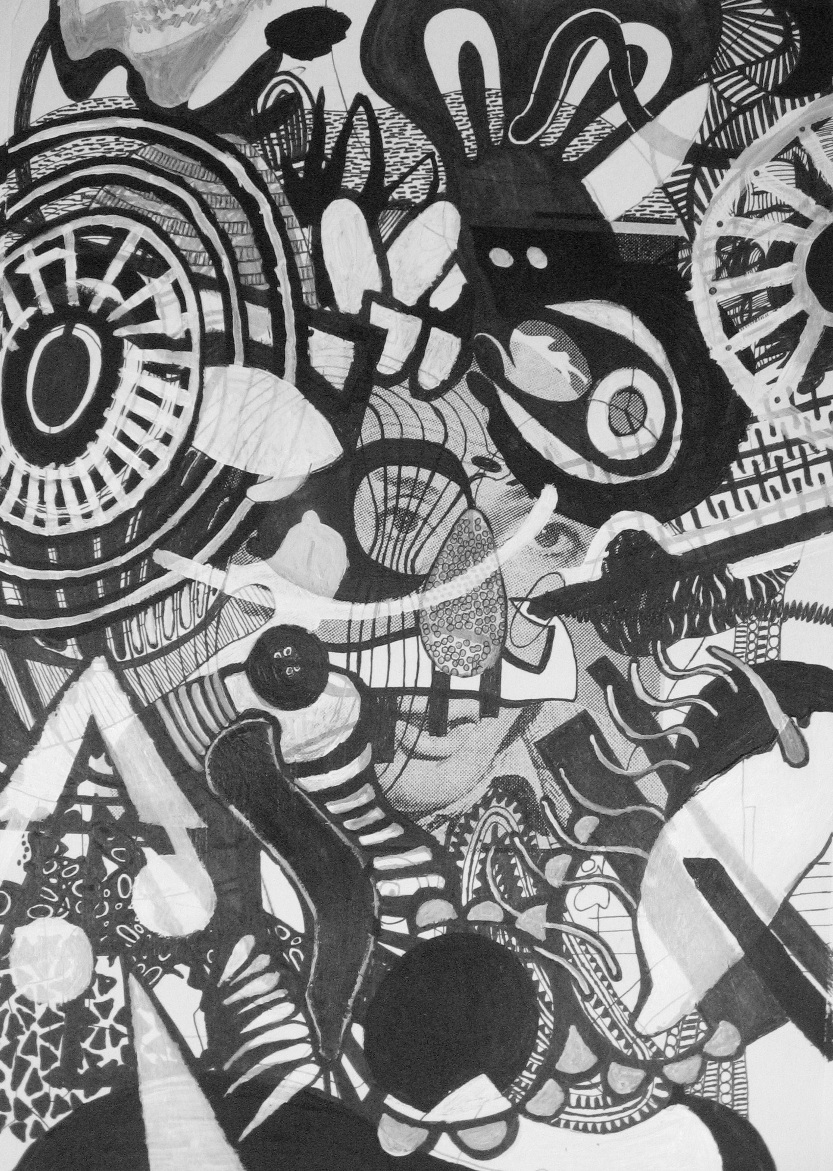 Black and white abstract artwork with intricate patterns, shapes, and a partially visible human face blended into the design.