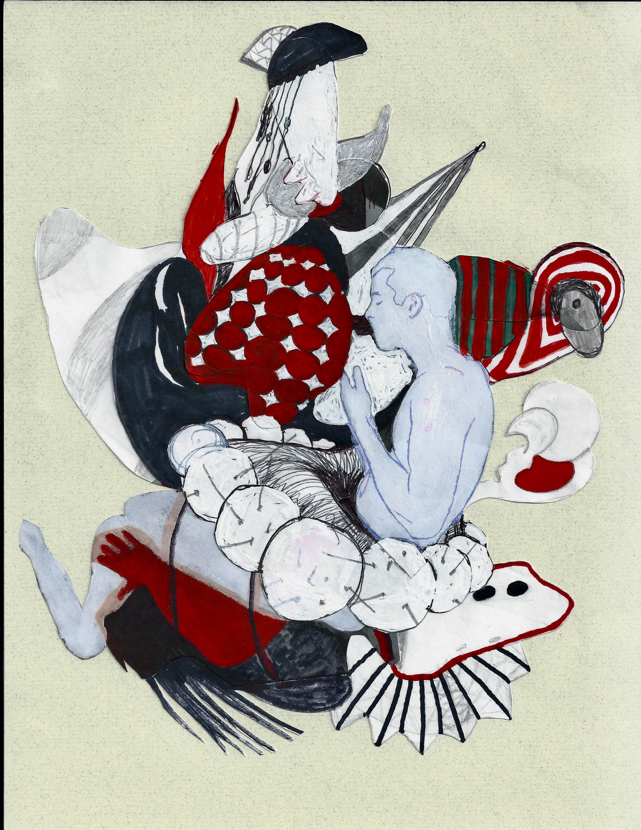 Abstract mixed media artwork featuring an intertwined blue human figure and surreal shapes in red, black, white, and gray tones with textured patterns on a light background.