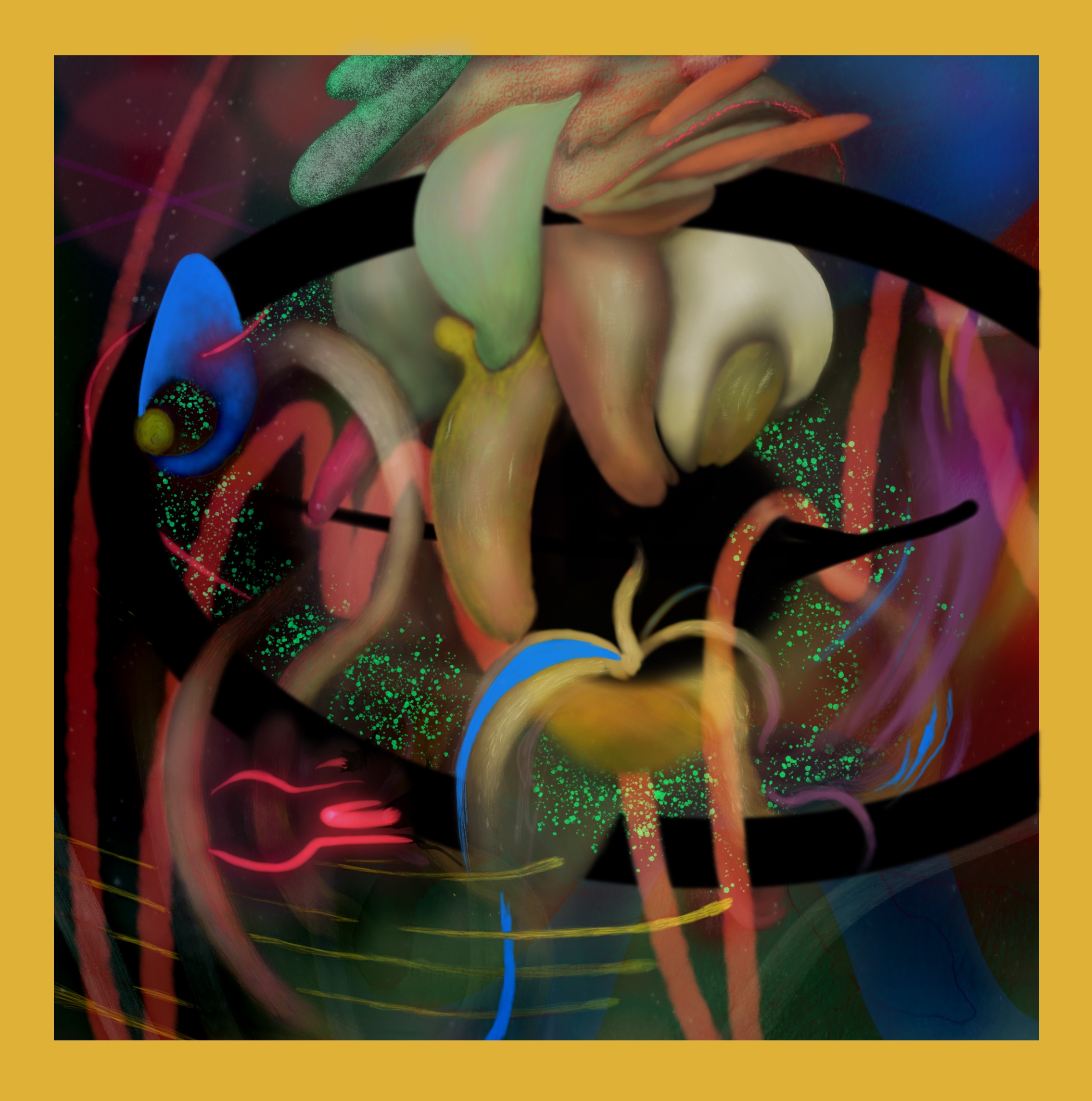 Abstract digital artwork with swirling, colorful organic shapes, neon green speckles, and dynamic brush strokes on a dark background framed by a mustard yellow border.