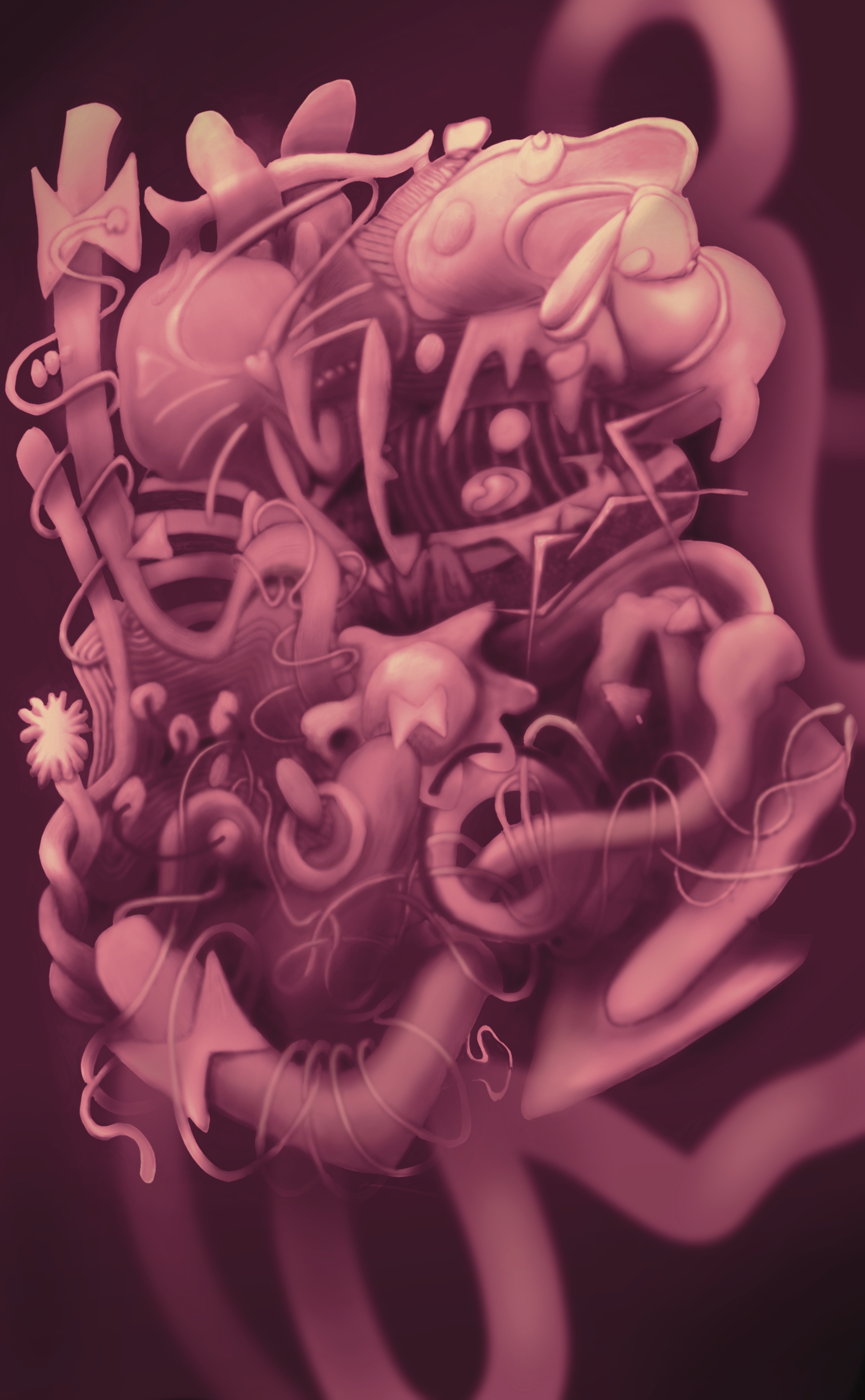 Abstract pink and purple digital artwork with intertwined organic shapes, lines, and textures.
