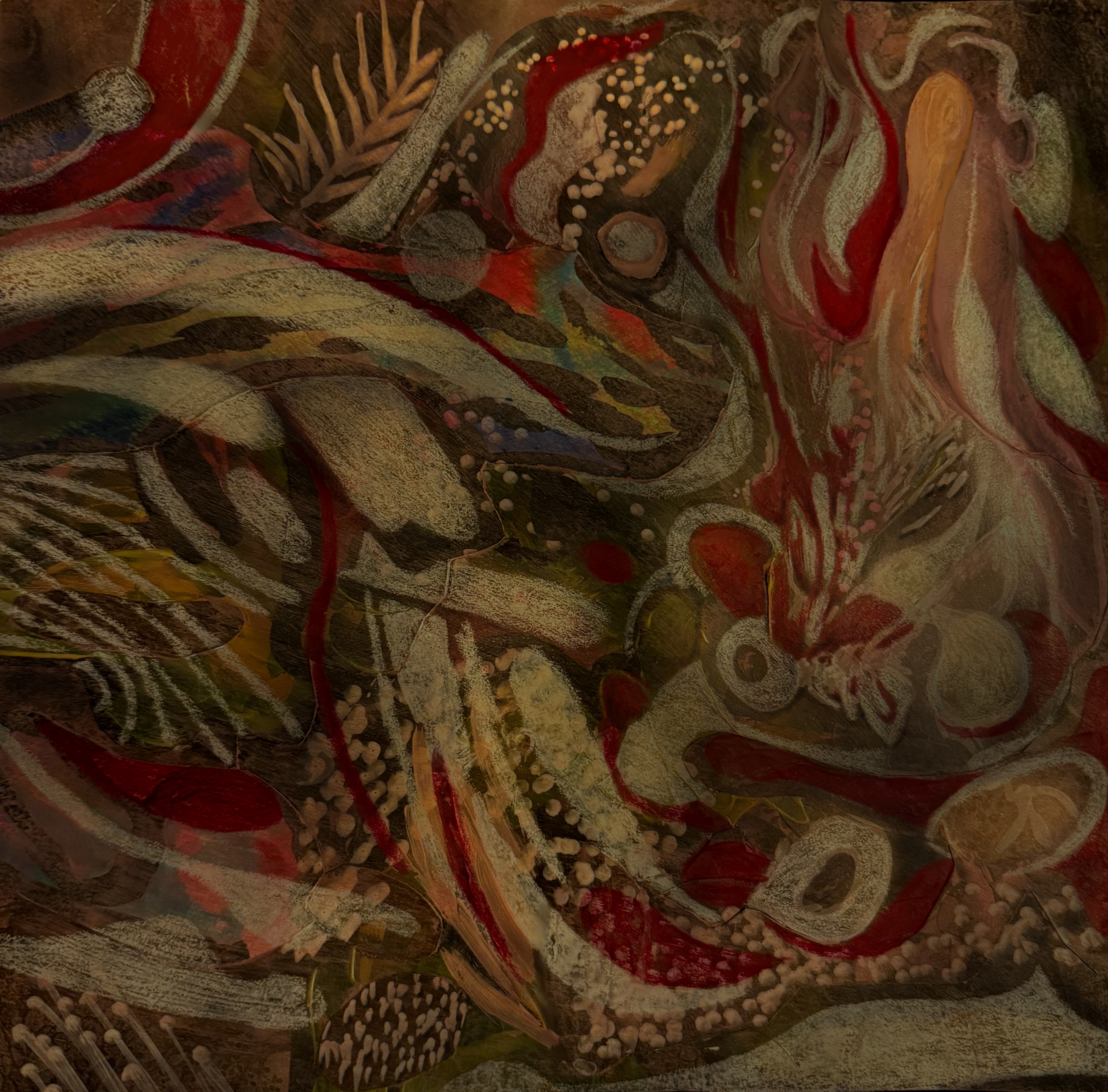 Abstract painting with swirling shapes and organic patterns in earth tones, reds, and greens.