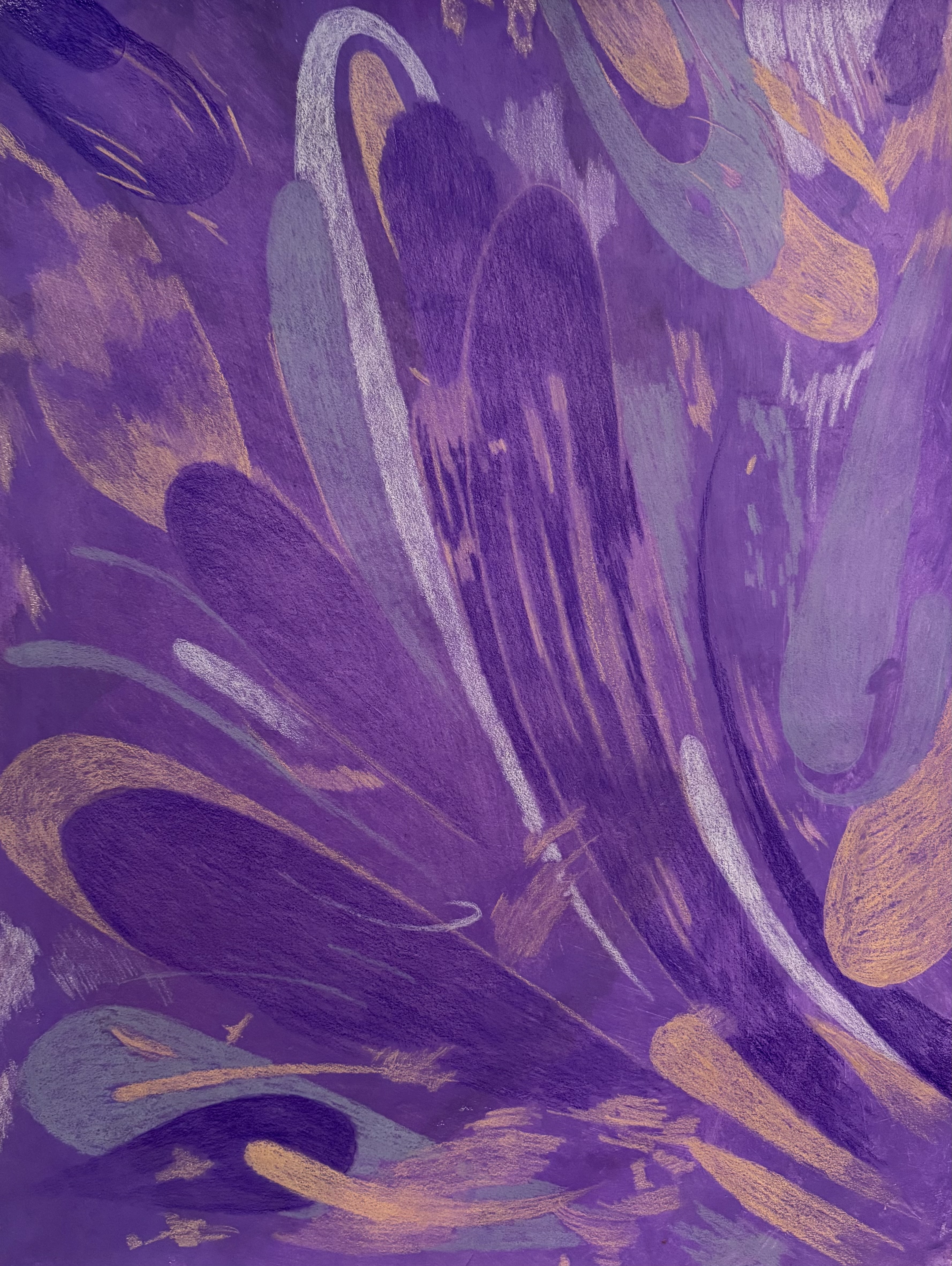 Abstract mural with swirling, feather-like shapes in shades of purple, lavender, and orange.