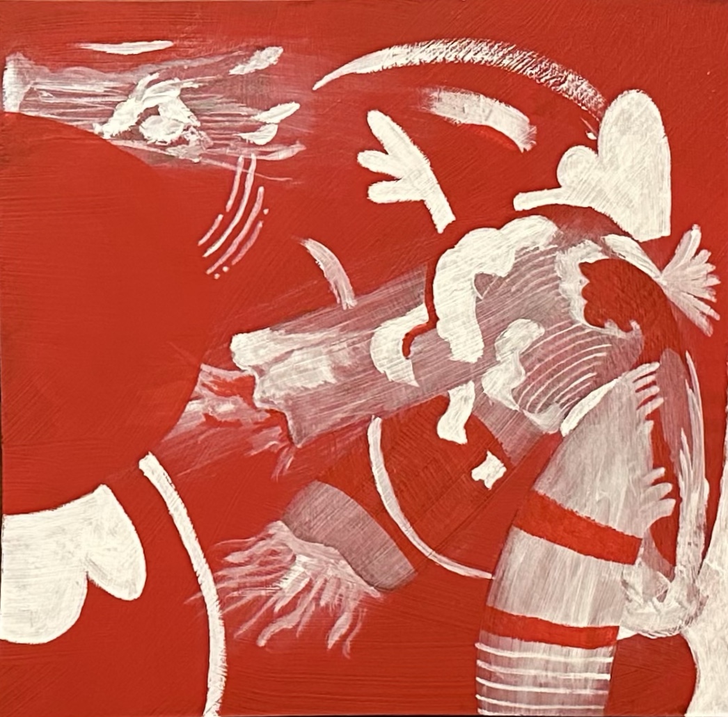 Abstract red and white painting with heart shapes, wings, and organic brush strokes.