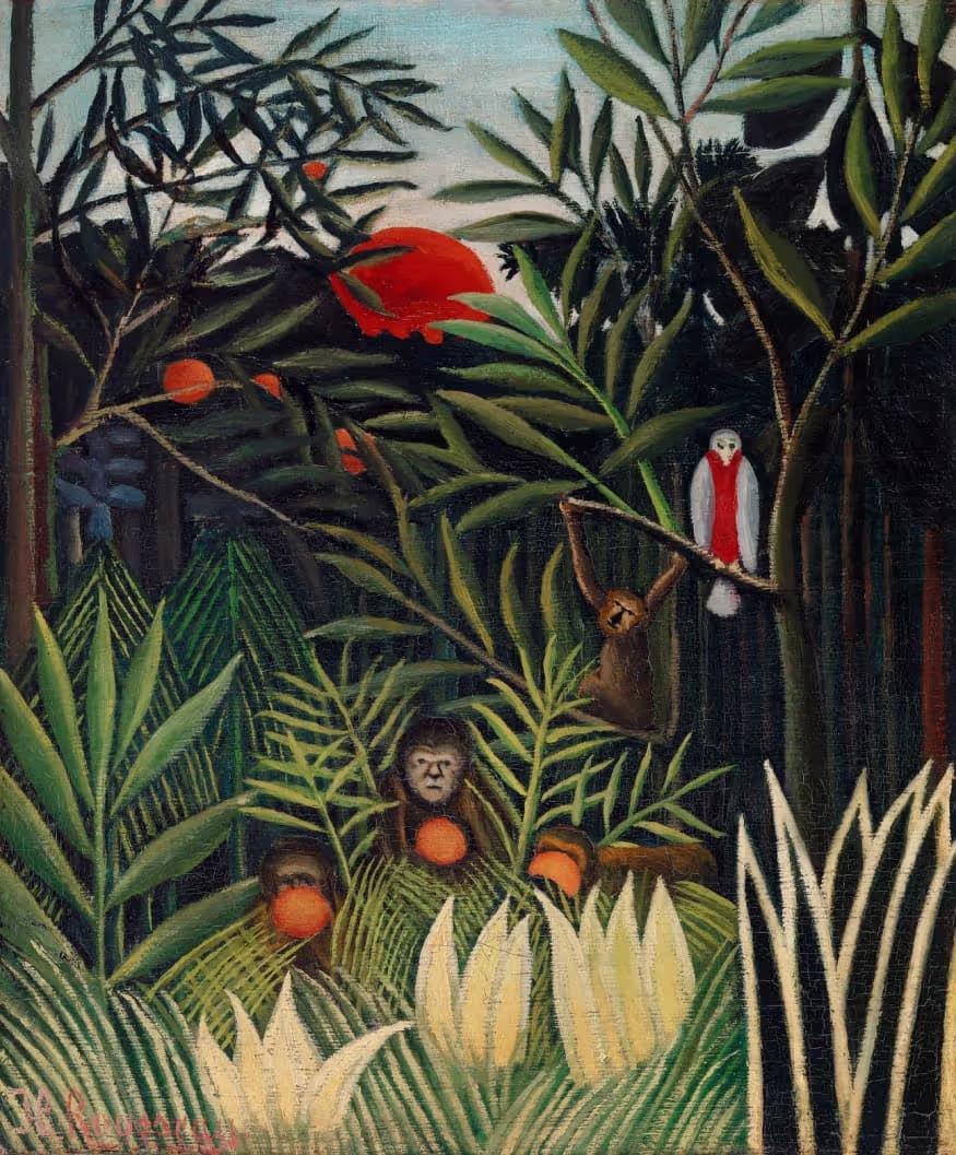 Monkeys and Parrot in the Virgin Forest