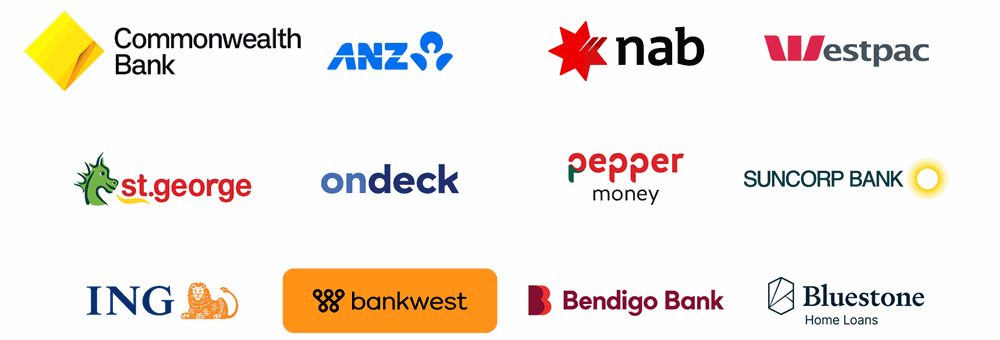 Logos of over 90 Australian lenders available through Blue Cow Finance, including major banks and specialist lenders