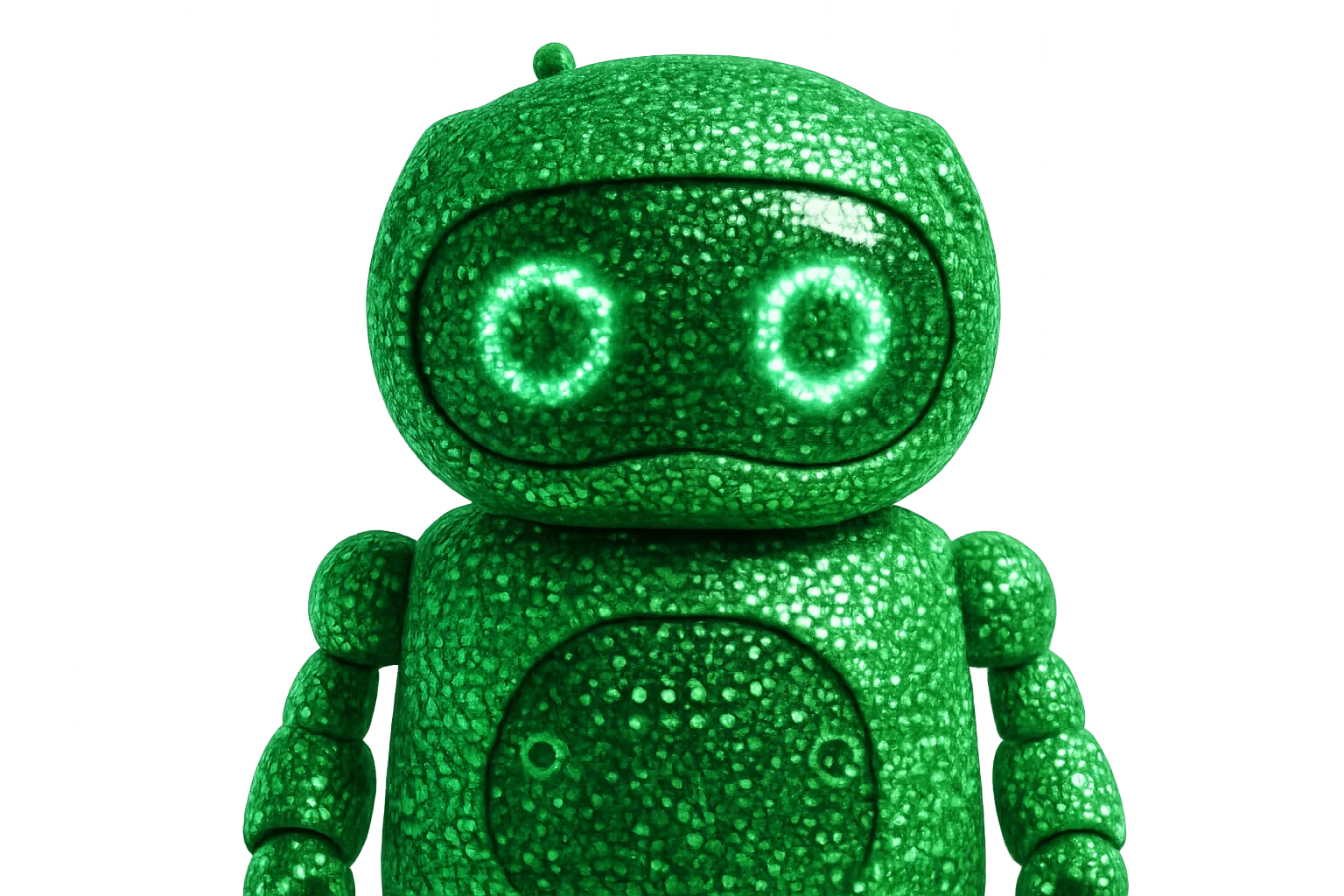 Robot verde texturizado que representa los servicios de seguridad con IA de notlan