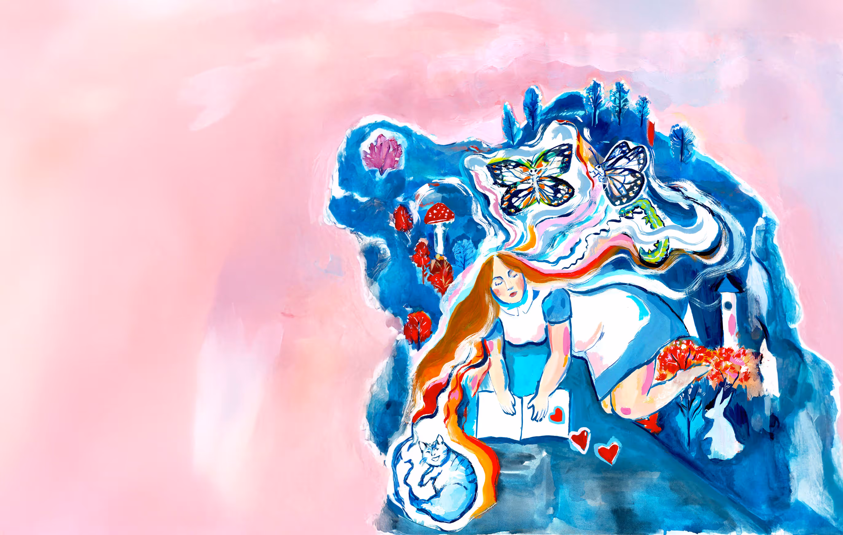 Colorful illustration of a girl with long red hair lying down reading a book with hearts, surrounded by butterflies, a cat, mushrooms, and a rabbit against a pink and blue background.