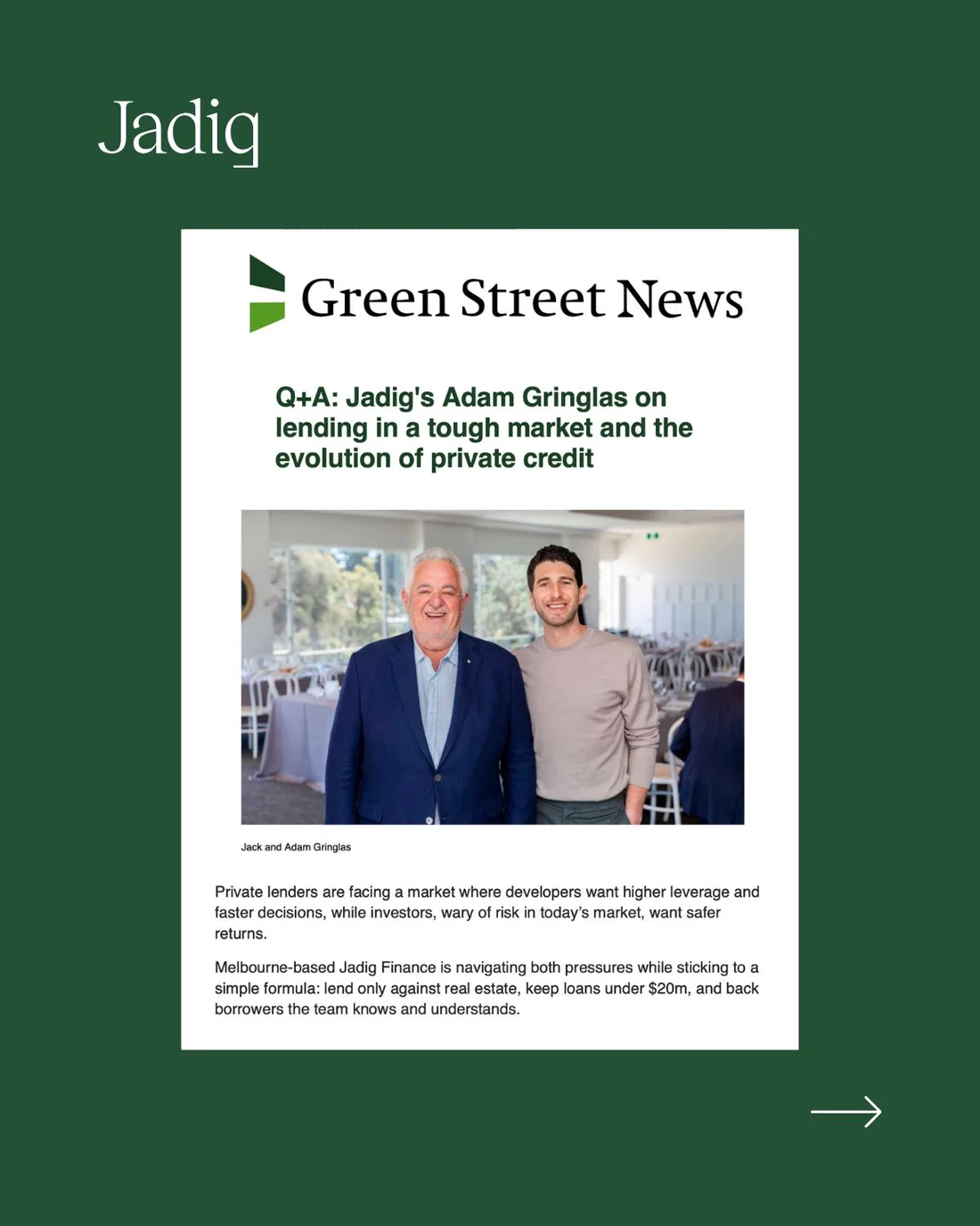 Green Street News Q&A with Jadig’s Adam Gringlas on lending in a tough market and the evolution of private credit