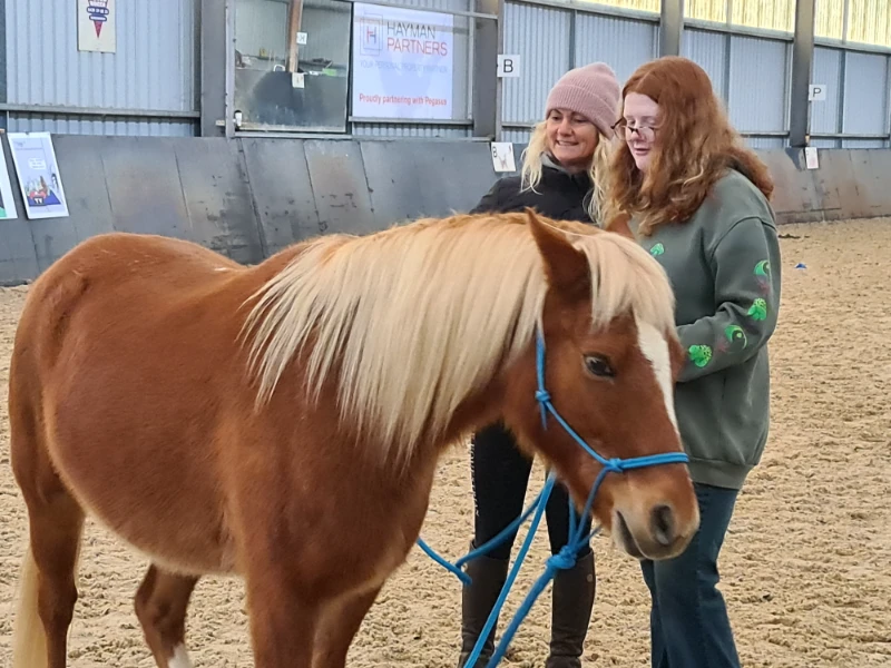Two people with a brown horse inside a stable.