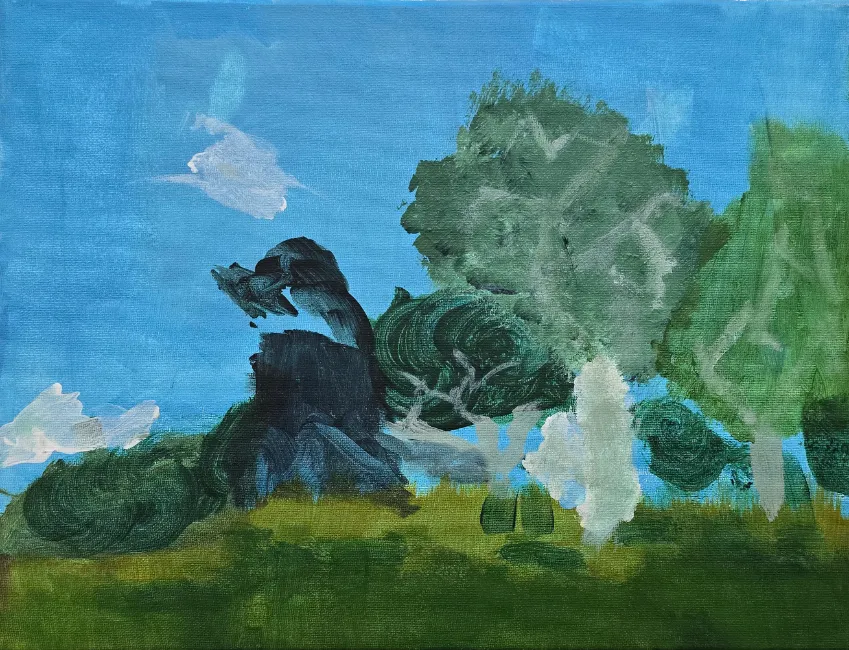Painting by Galilee School student of the trees and sky of the Galilee Kambah campus. 