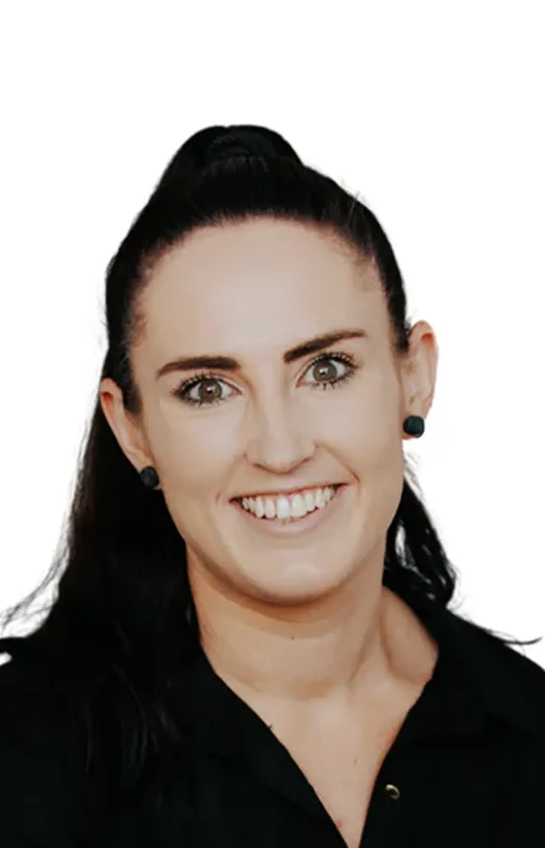A woman wearing a black shirt smiling.