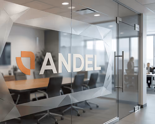 Glass office door with 'ANDEL' logo and geometric frosted border, showing a conference room with chairs inside.