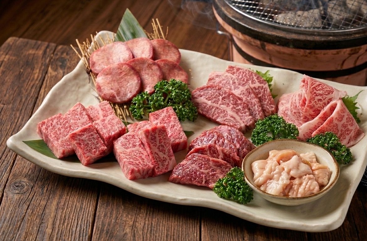 A large platter of assorted premium raw Japanese Wagyu beef for yakiniku, complete with shichirin charcoal grill