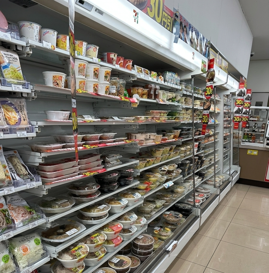 Packed shelves of a Japanese convenience store aisle — snacks, drinks, and household items stacked from floor to ceiling.