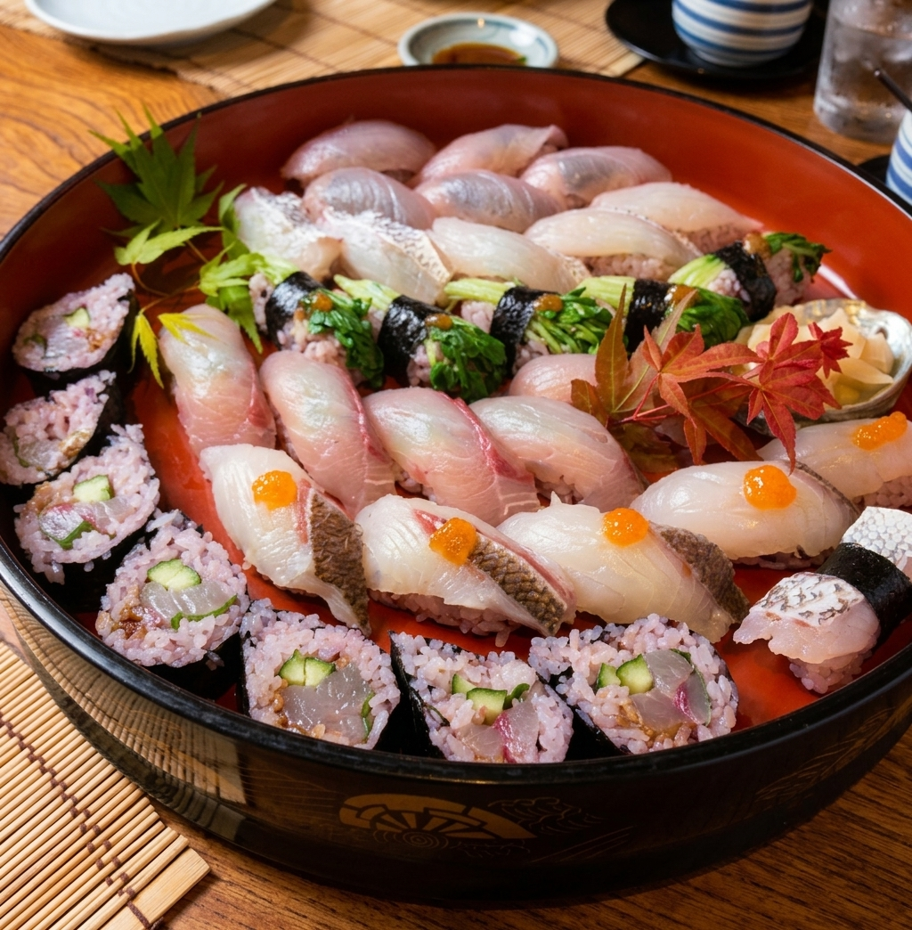 A round lacquer tray of nigiri sushi and maki rolls, garnished with autumn maple leaves, on a bamboo mat.