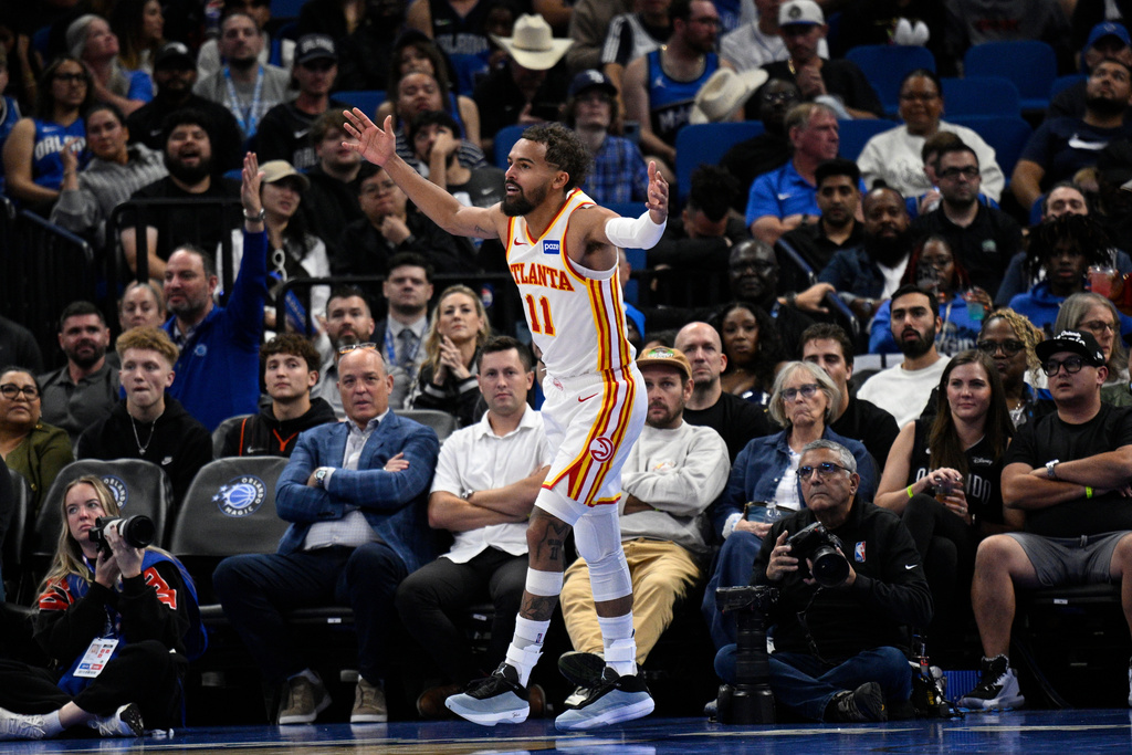 Atlanta Hawks PG Trae Young reacts during a game against the Orlando Magic.