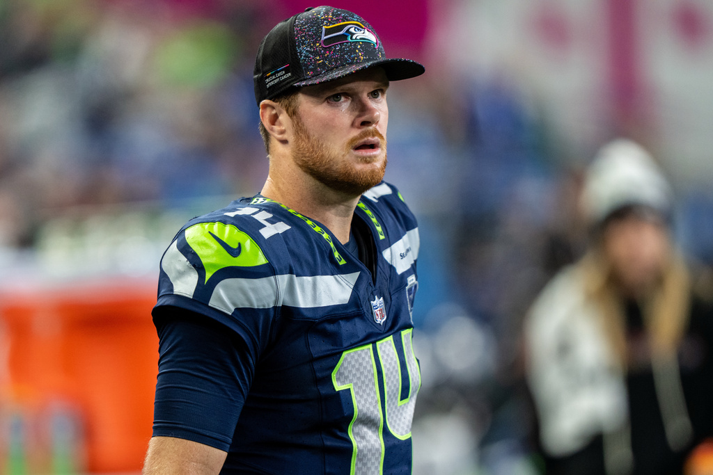 Seahawks QB Sam Darnold on the sideline. Sam Darnold is a premier NFC QB this season.