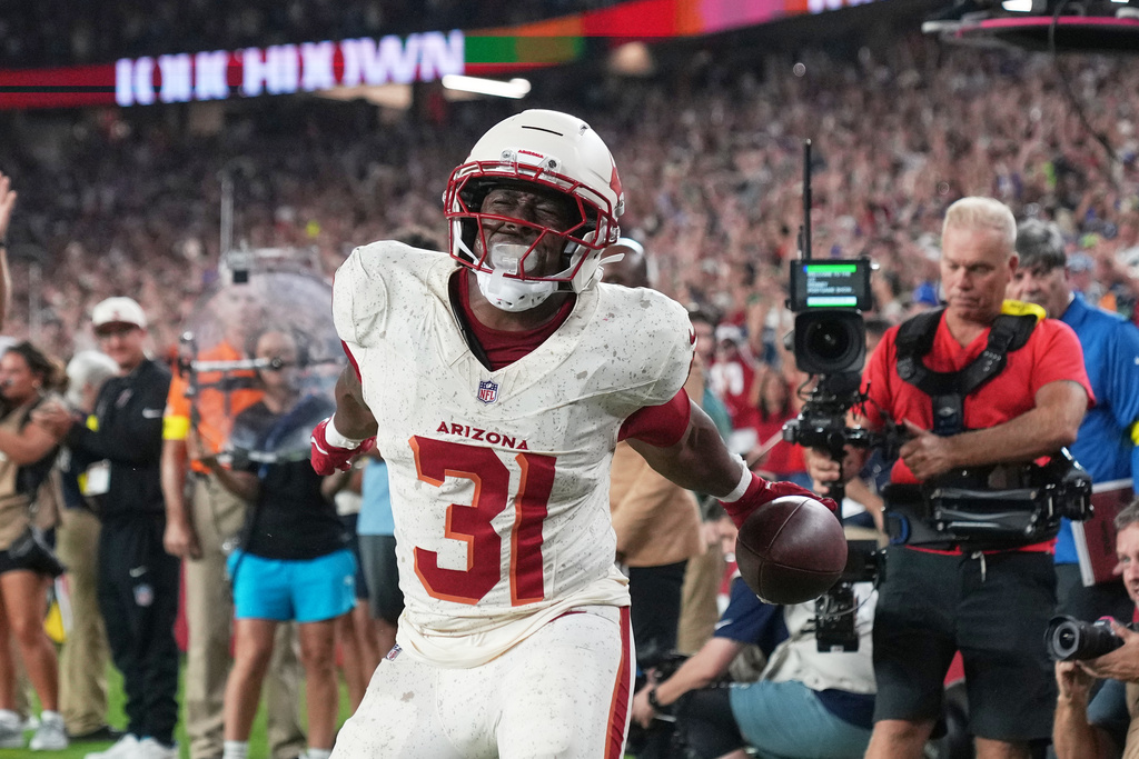 Cardinals RB Emari Demercado celebrates a TD in an NFL game.