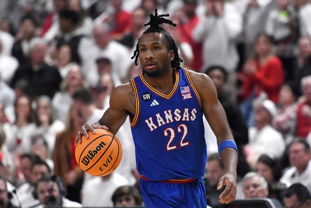 Kansas guard Darryn Peterson dribbles during a game against Texas Tech.