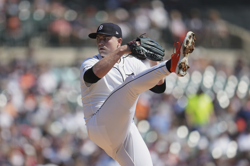 Detroit Tigers P Tarik Skubal throws a pitch against the Cleveland Guardians.