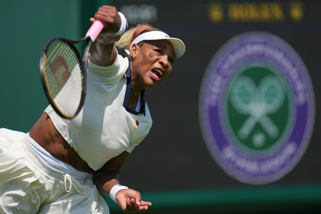 Serena Williams of the United States serves during a practice session ahead of the Wimbledon Tennis Championships, in London, Wednesday, June 24, 2026.
