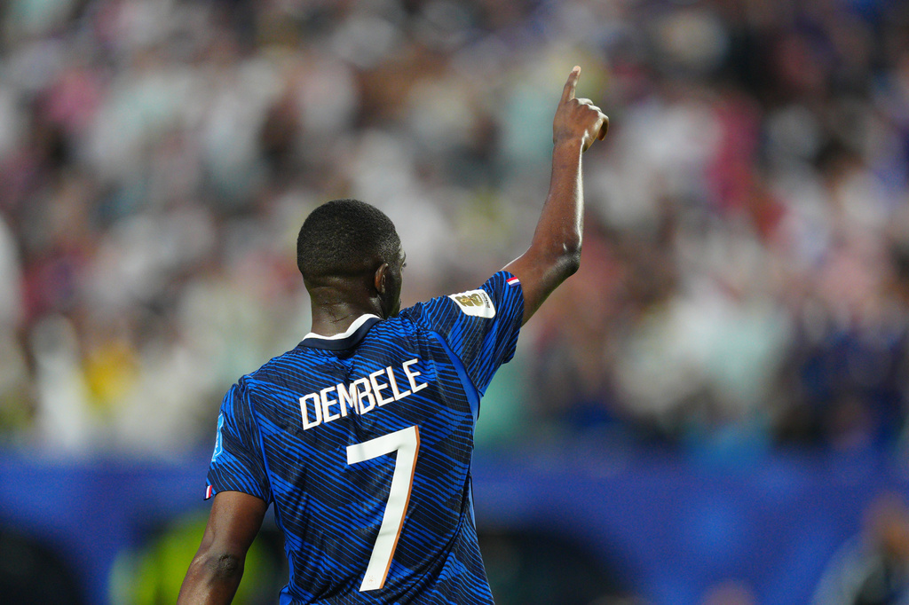 France star Ousmane Dembele celebrates during a Group I World Cup match against Iraq.
