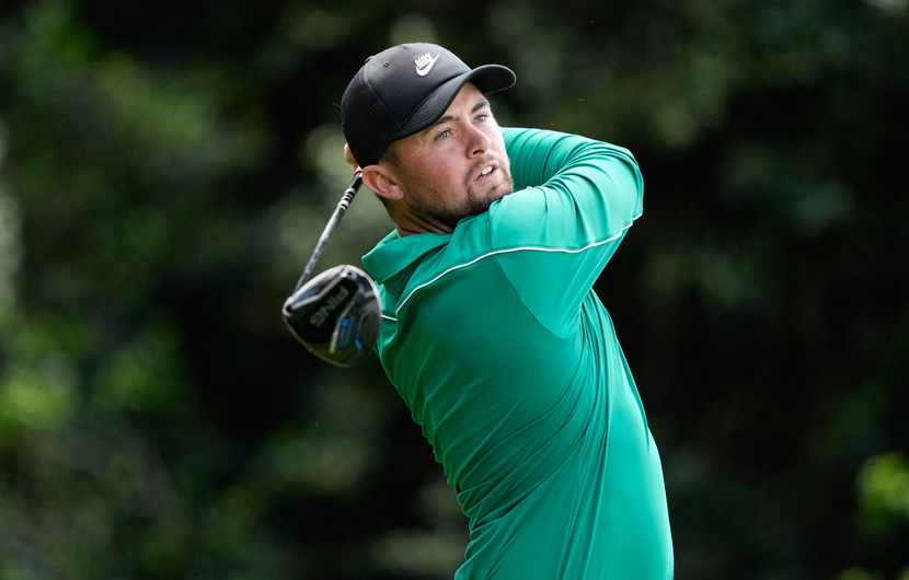 Alex Fitzpatrick, of England, hits on the 14th tee during first round of the Truist Championship golf tournament at the Quail Hollow Club, Thursday, May 7, 2026, in Charlotte, N.C.