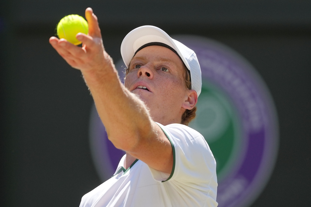Jannik Sinner of Italy serves against Jan-Lennard Struff of Germany in their quarter-final men's singles match at the Wimbledon Tennis Championships in London, Tuesday, July 7, 2026.