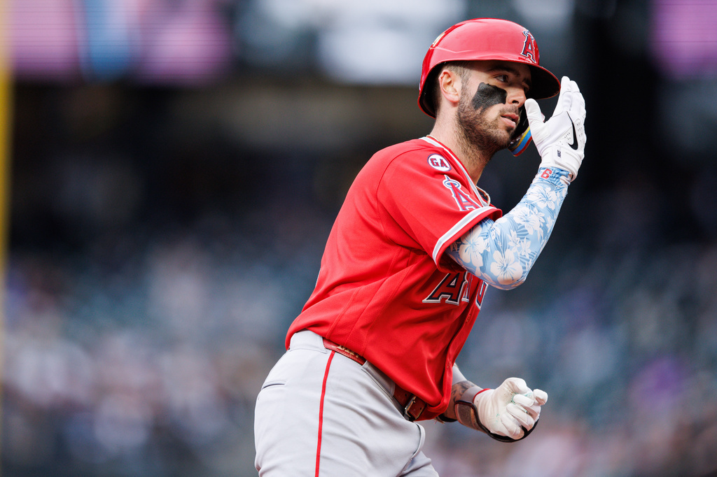 Los Angeles Angels SS Zach Neto reacts to hitting a home run against the Seattle Mariners.