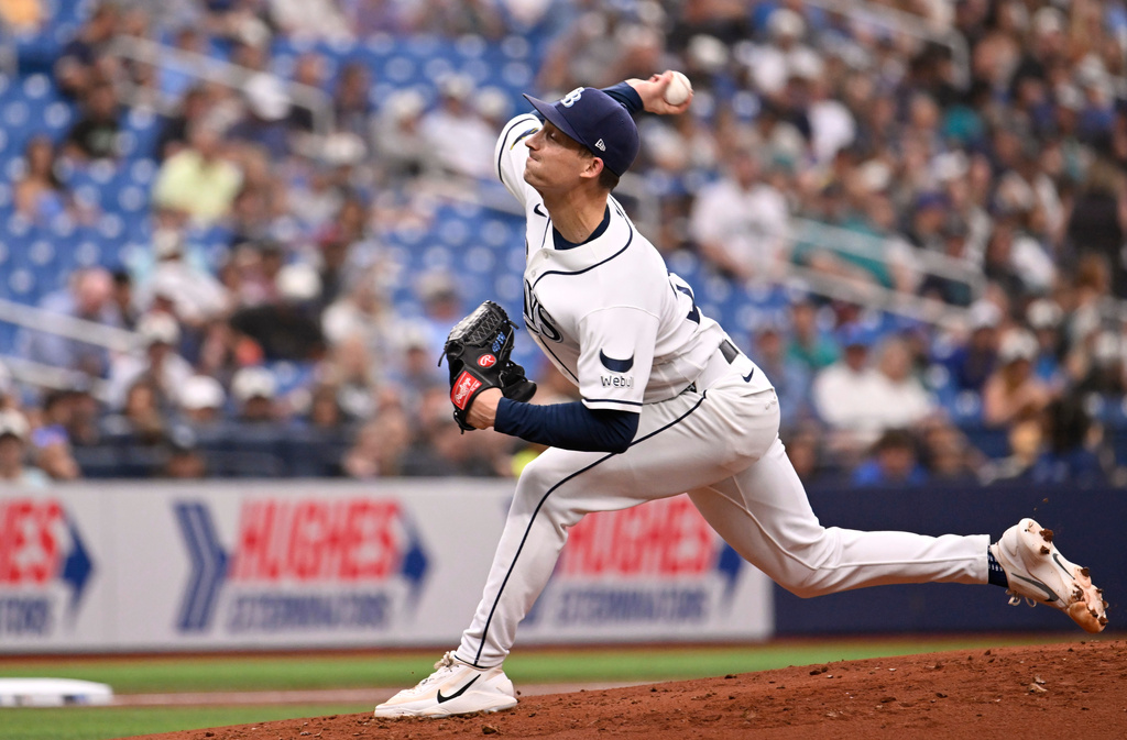 Tampa Bay Rays SP Griffin Jax throws a pitch against the Seattle Mariners.