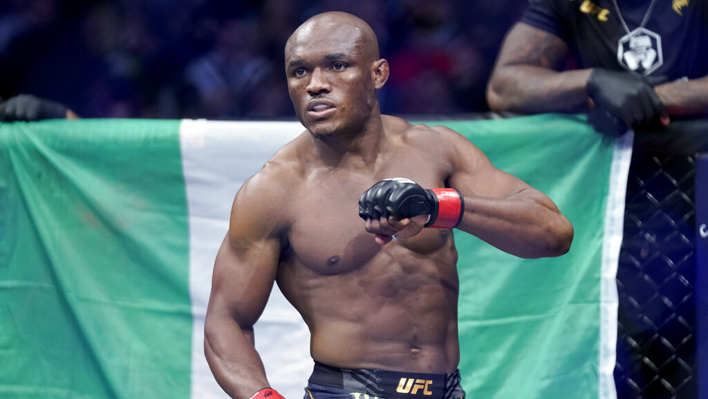 Kamaru Usman before fighting against Colby Covington in a welterweight MMA championship bout at UFC 268, Sunday, Nov. 7, 2021, in New York.
