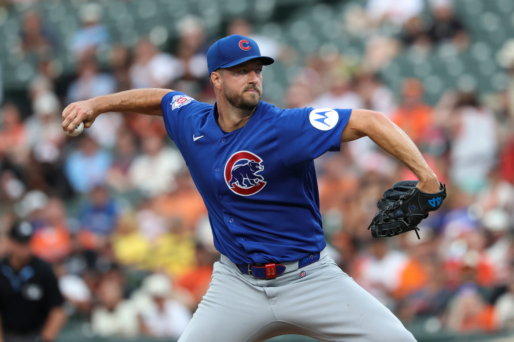 Chicago Cubs SP Colin Rea delivers a pitch during an MLB game against the Baltimore Orioles.