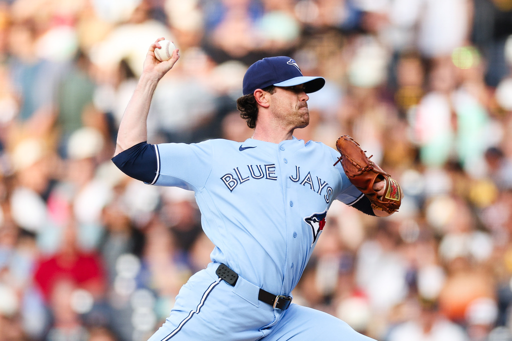 Toronto Blue Jays SP Shane Bieber delivers a pitch against the San Diego Padres.