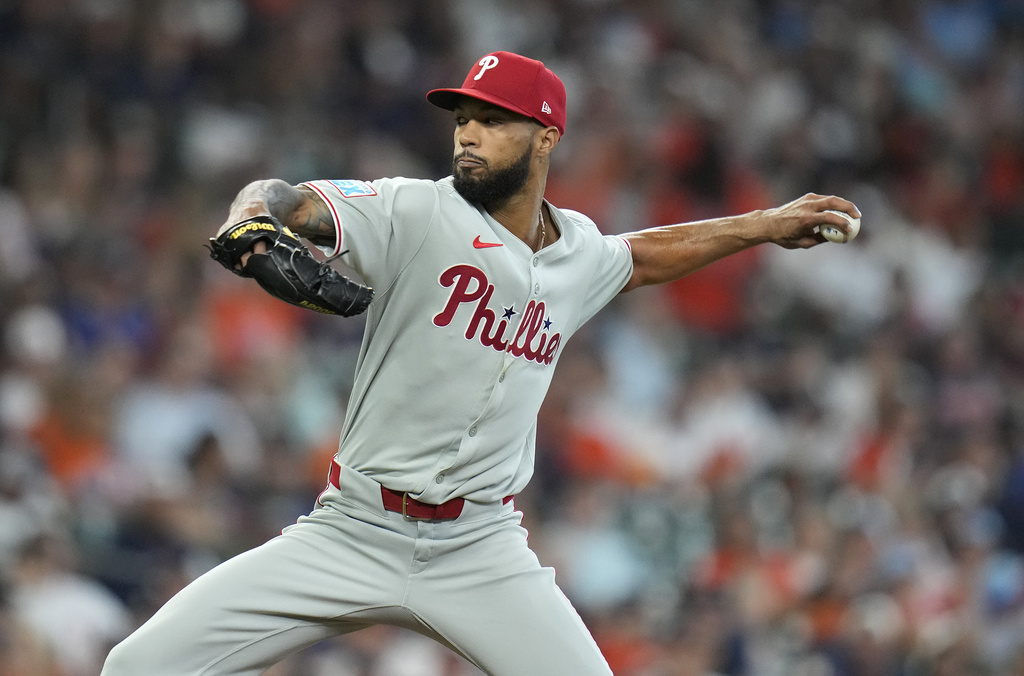 Phillies SP Cristopher Sanchez pitches during the first inning against the Astros.