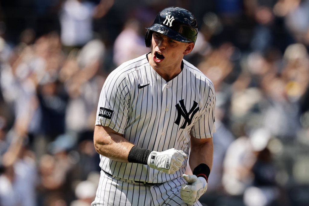 New York Yankees' Ben Rice reacts after hitting a three-run home run in the seventh inning vs. the Pittsburgh Pirates, Wednesday, July 22, 2026, in New York.